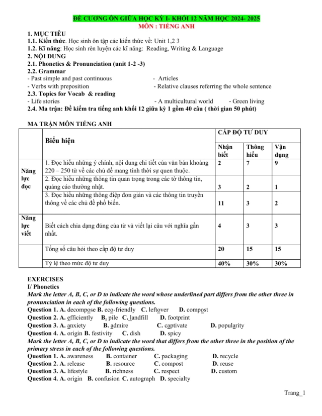 Đề Cương Ôn Tập Giữa Học Kỳ 1 Tiếng Anh 12 2024 - 2025 - Thumbnail