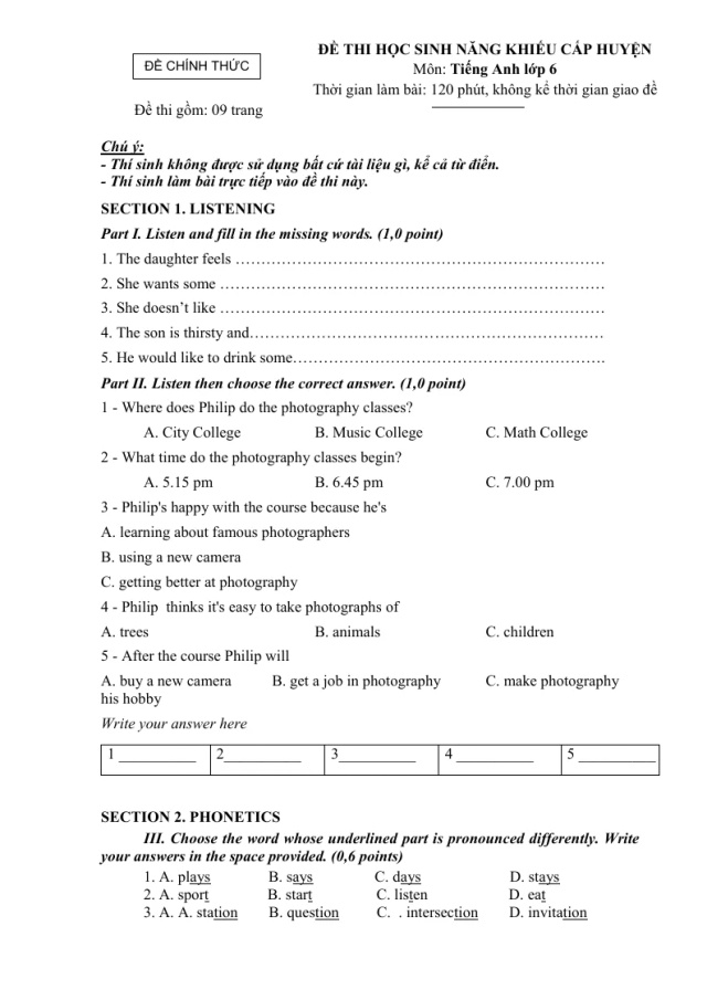 Đề Thi Học Sinh Năng Khiếu Môn Tiếng Anh 6 Cấp Huyện Có Đáp Án Và File Nghe - Đề 11 - Thumbnail