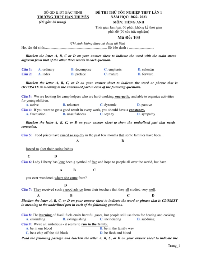 Đề Thi Thử Tốt Nghiệp 2023 Tiếng Anh THPT Hàn Thuyên Lần 1 - Thumbnail
