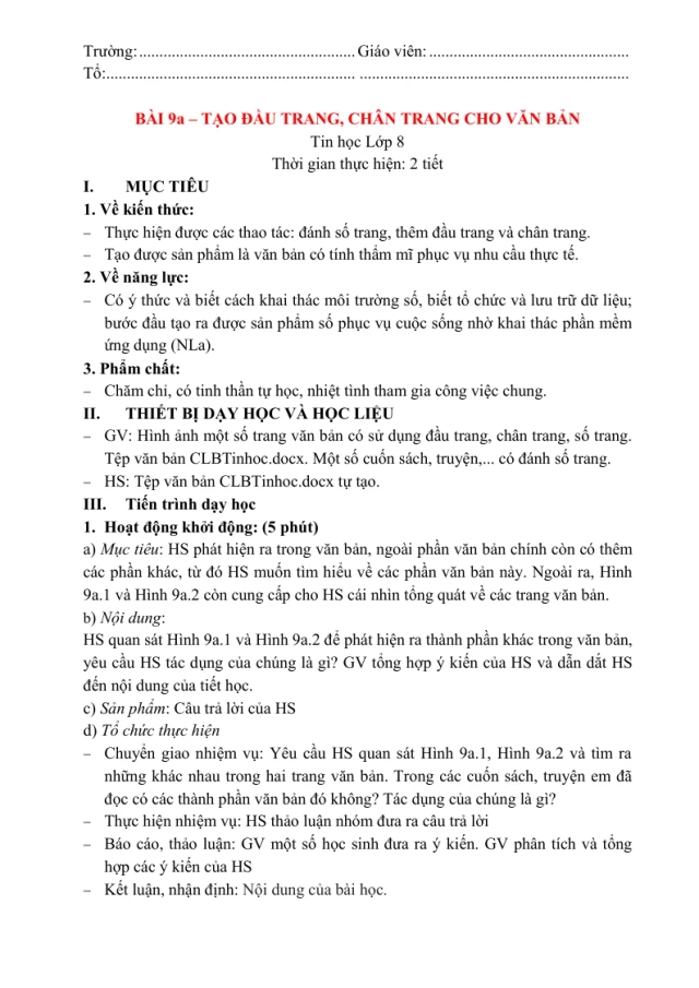 Giáo Án Tin 8 Bài 9a Tạo Đầu Trang Chân Trang Cho Văn Bản - Thumbnail
