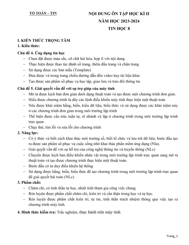 Đề Cương Ôn Tập HK2 Tin 8 2023 - 2024 - Thumbnail
