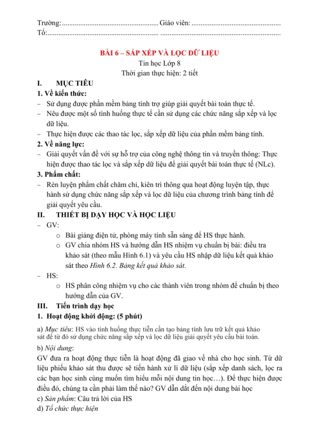 Giáo Án Tin 8 Bài 6 Sắp Xếp Và Lọc Dữ Liệu - Thumbnail