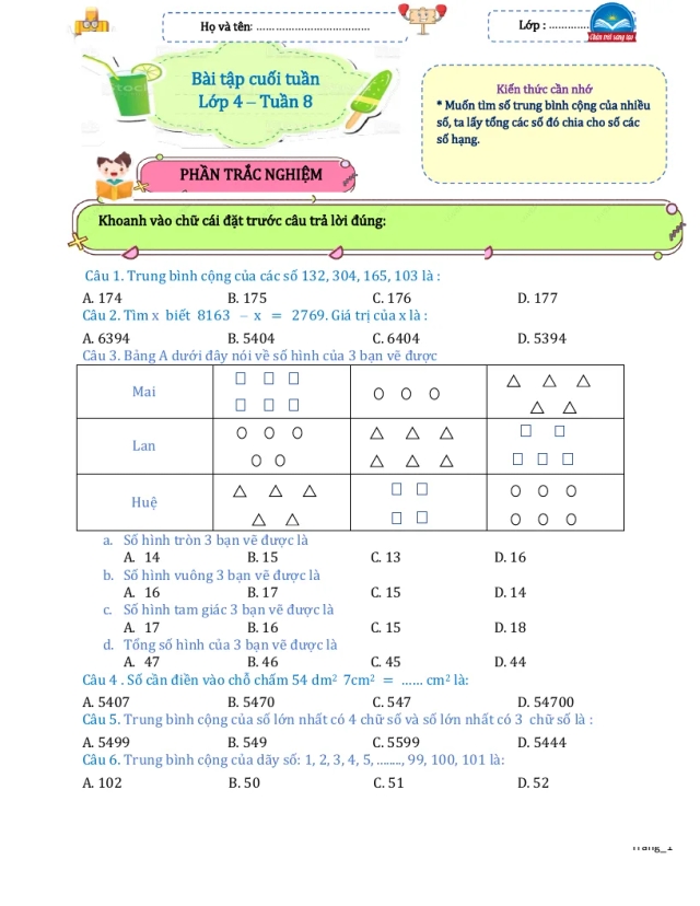 Bài Tập Cuối Tuần Toán 4 Tuần 8 - Thumbnail
