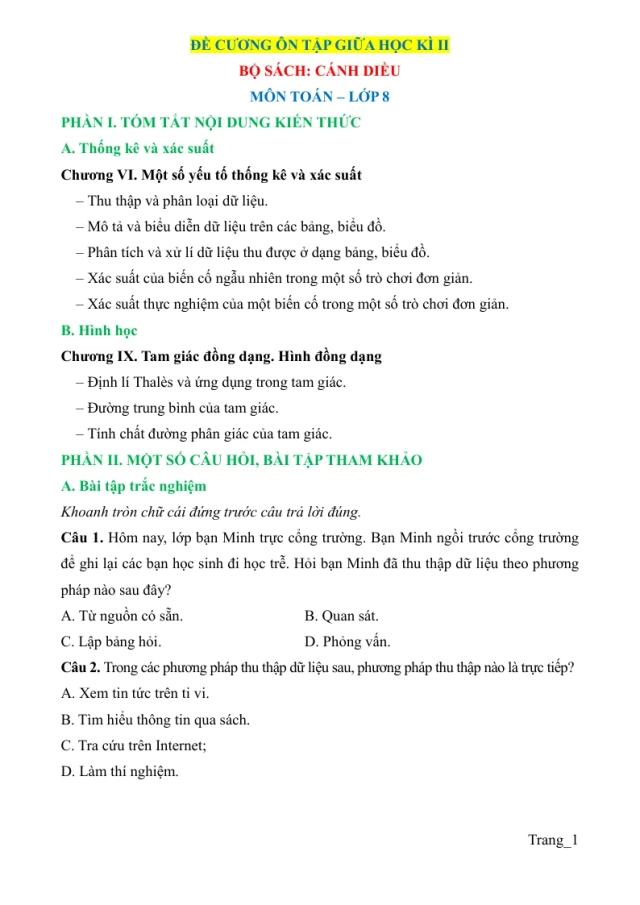 Đề Cương Ôn Thi Giữa Học Kỳ 2 Toán 8 - Thumbnail