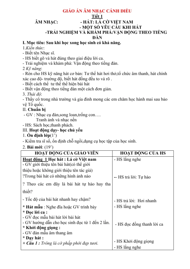 Giáo Án Âm Nhạc Lớp 1 Sách Học Kỳ 1 - Thumbnail