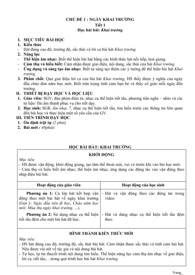 Giáo Án Âm Nhạc 7 Chủ Đề 1 Ngày Khai Trường - Thumbnail