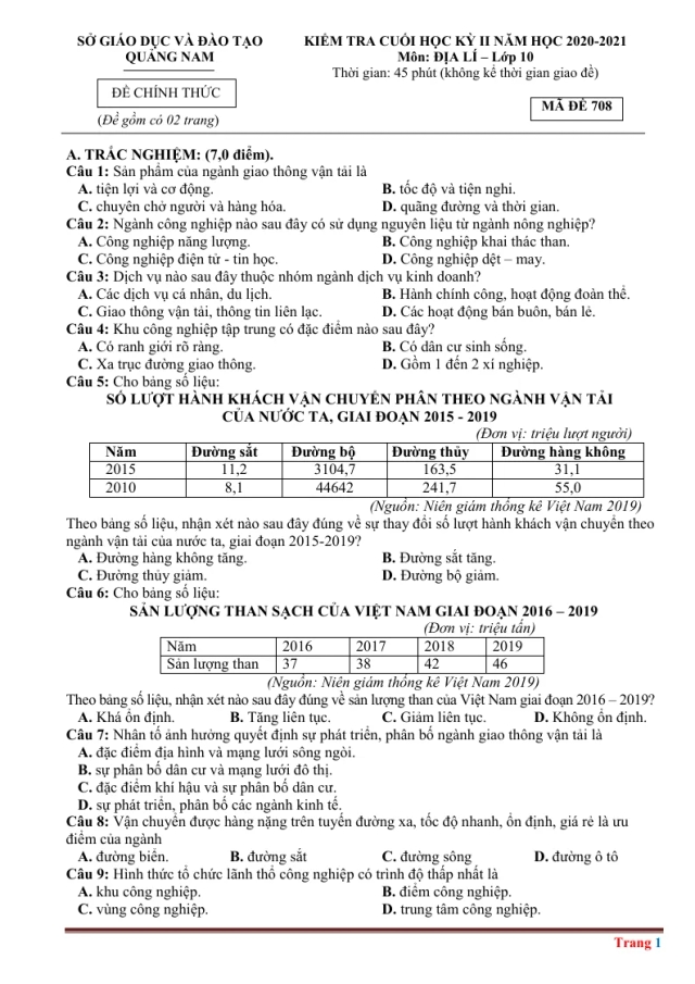 Đề Thi HK2 Môn Địa 10 Sở GD&ĐT Quảng Nam 2020 - 2021 - Thumbnail