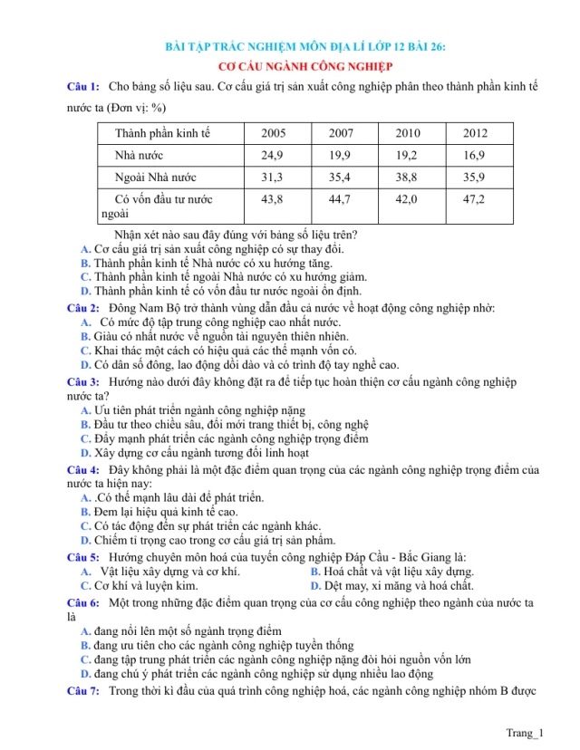 Trắc Nghiệm Địa 12 Bài 26 Có Đáp Án: Cơ Cấu Ngành Công Nghiệp - Thumbnail