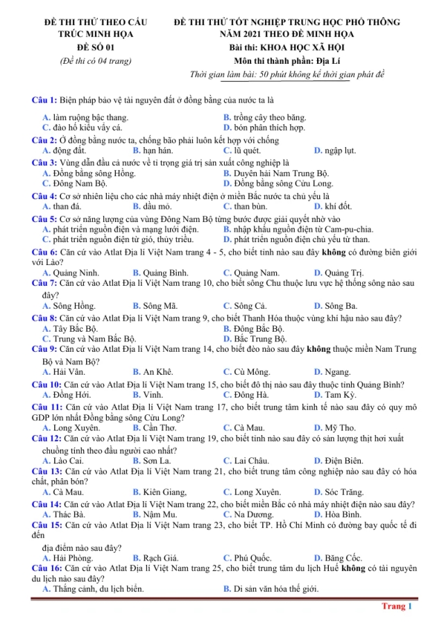 Đề Thi Thử Môn Địa Theo Đề Minh Họa 2021 Có Lời Giải Chi Tiết Và Đáp Án (Đề 1) - Thumbnail