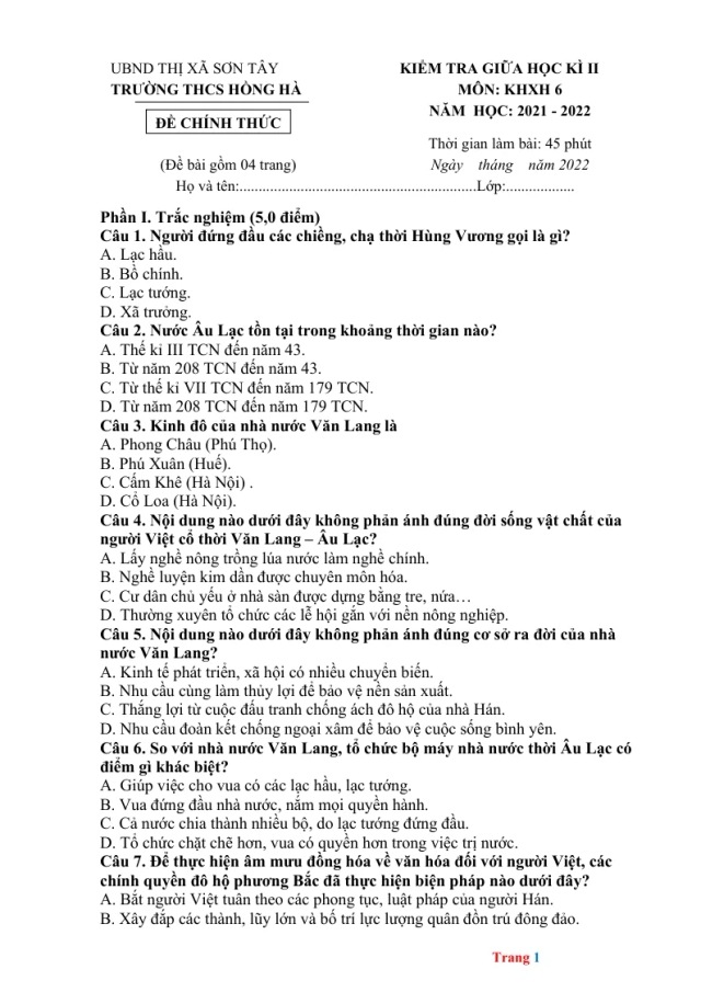 Đề Kiểm Tra Giữa Kì 2 Sử Địa 6 KNTT THCS Hồng Hà 21 - 22 - Thumbnail