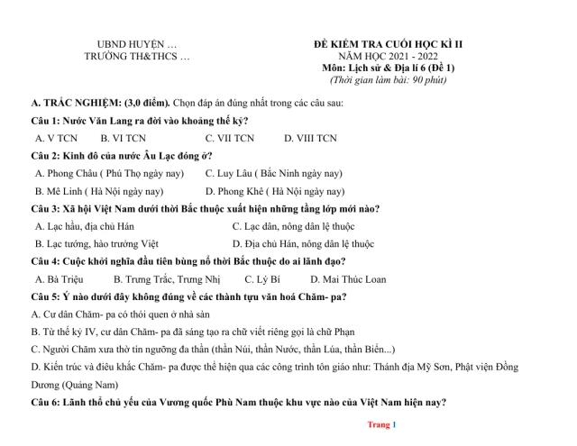 Đề Thi HK2 Sử Địa 6 Năm 2022 Có Đáp Án Và Ma Trận - Thumbnail