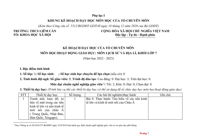 Kế Hoạch Dạy Học Môn Sử Địa Lớp 7 - Thumbnail