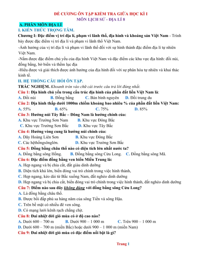 Đề Cương Ôn Tập Giữa Học Kỳ 1 Lịch Sử Địa Lí 8 - Thumbnail