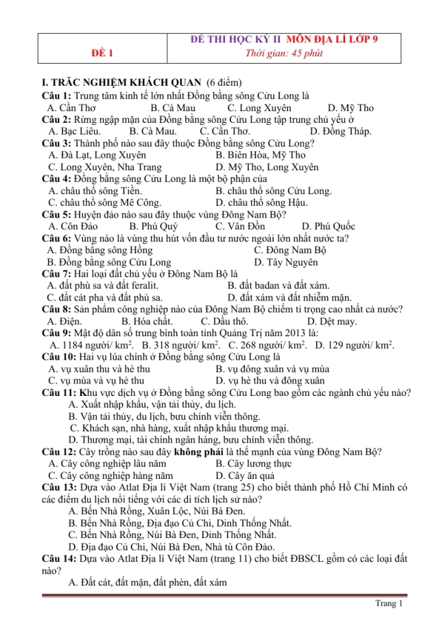 10 Đề Thi Học Kỳ 2 Địa Lí 9 - Thumbnail