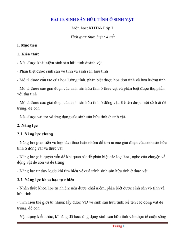 Giáo Án KHTN 7 Bài 40 Sinh Sản Hữu Tính Ở Sinh Vật - Thumbnail