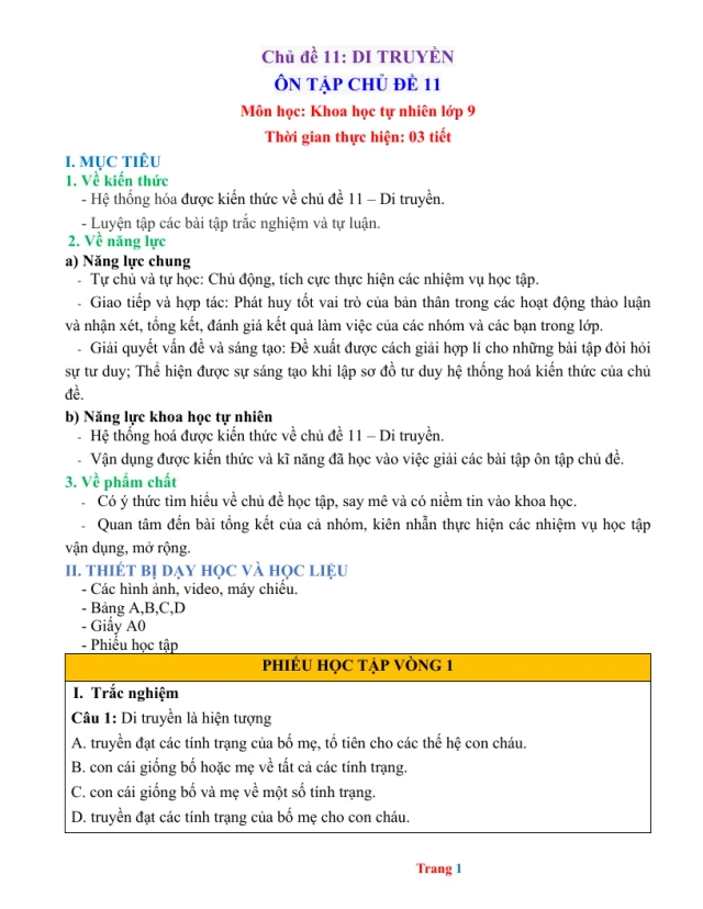 Giáo Án Ôn Tập Sinh 9 Chủ Đề 11 Di Truyền - Thumbnail