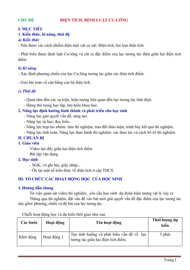 Giáo Án Vật Lý 11 Học Kỳ 1 Theo Phương Pháp Mới Nhất - Thumbnail