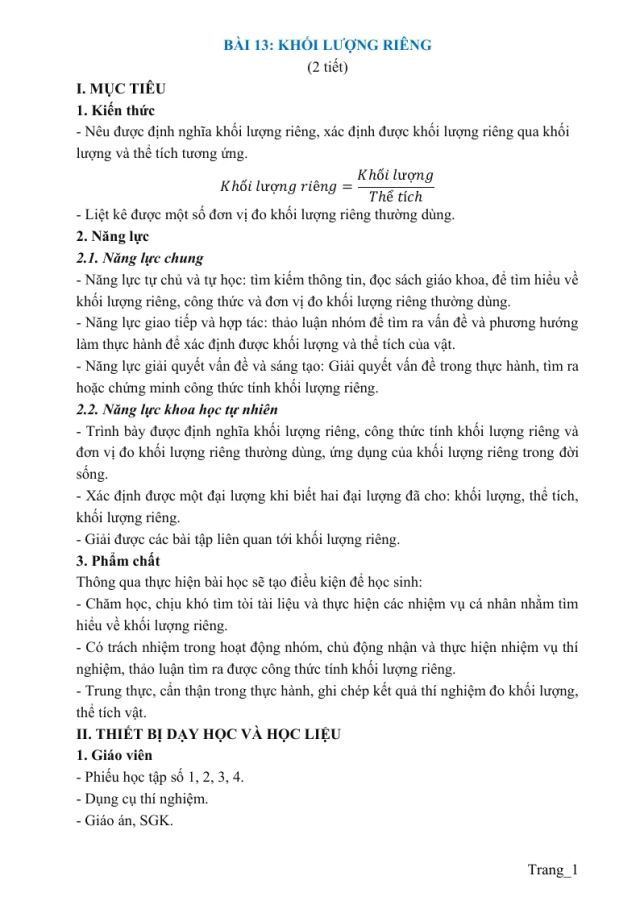 Giáo Án KHTN 8 Bài 13 Khối Lượng Riêng - Thumbnail
