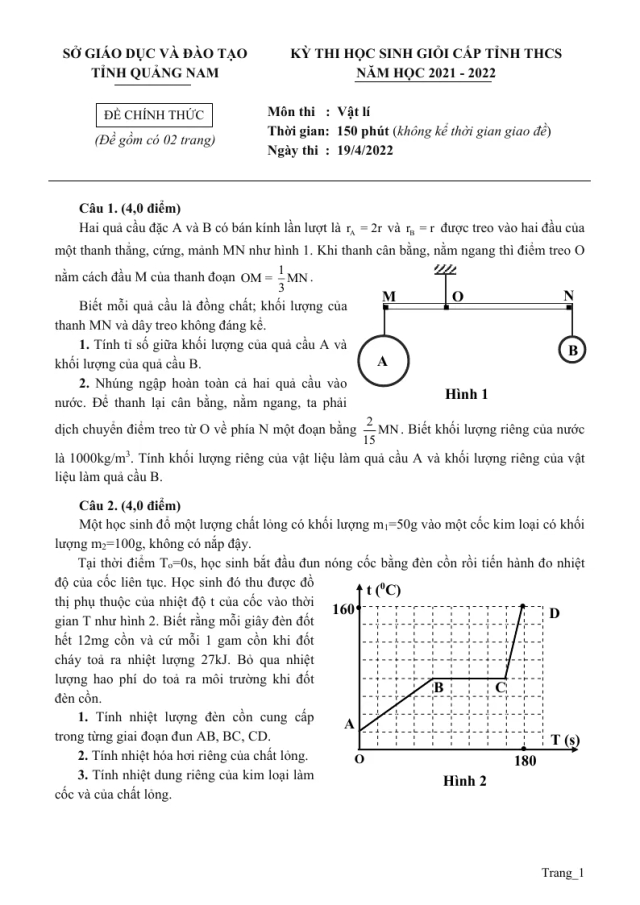 Đề Thi HSG Môn Lý Lớp 9 Sở GD Quảng Nam 2021 - 2022 - Thumbnail