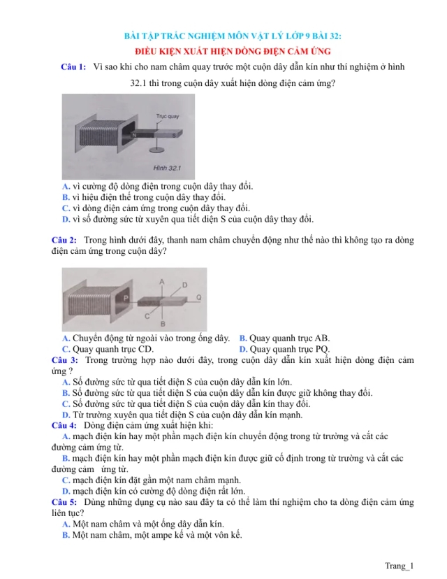 Trắc Nghiệm Lý 9 Bài 32 Có Đáp Án: Điều Kiện Xuất Hiện Dòng Điện Cảm Ứng - Thumbnail