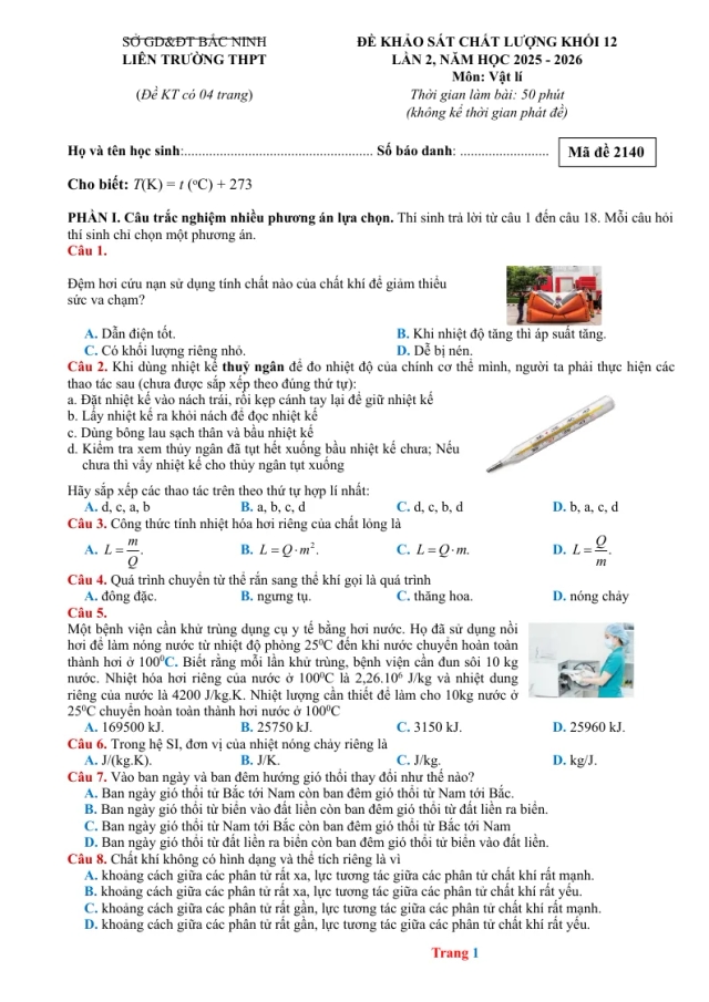 Đề KSCL Thi Tốt Nghiệp 2026 Môn Vật Lí Cụm Trường Bắc Ninh Lần 1 - Thumbnail
