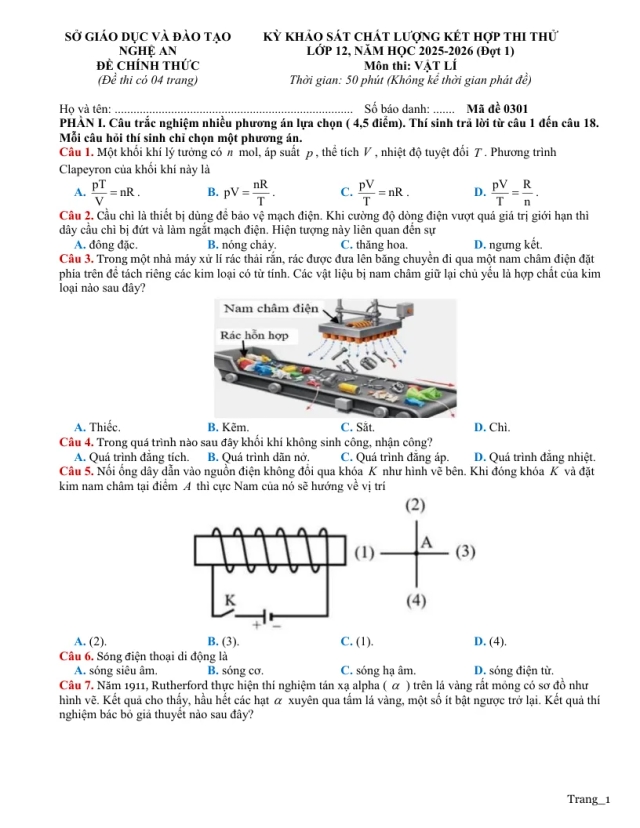 Đề Thi Thử Tốt Nghiệp Vật Lí 2026 Sở GD Nghệ An Lần 1 - Thumbnail