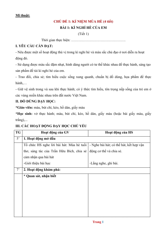 Giáo Án Mĩ Thuật 5 Chủ Đề 1 Kỉ Niệm Mùa Hè - Thumbnail