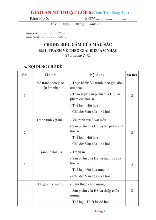 Giáo Án Mĩ Thuật 6 Cả Năm Phương Pháp Mới - Thumbnail