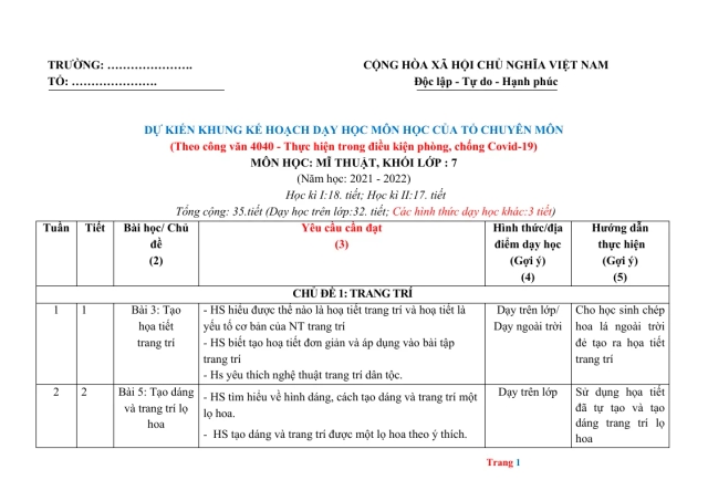 Kế Hoạch Dạy Học Mĩ Thuật Lớp 7, 8, 9 Theo CV 4040 - Thumbnail