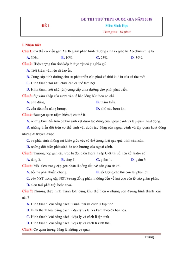 8 Đề Thi Thử THPT Quốc Gia Môn Sinh Học - Thumbnail