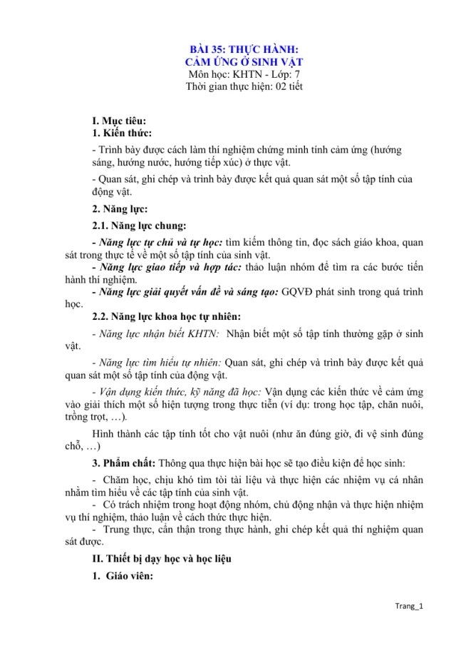 Giáo Án KHTN 7 Bài 35 Thực Hành Cảm Ứng Ở Sinh Vật - Thumbnail
