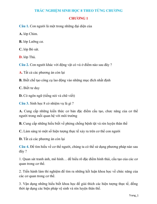 Trắc Nghiệm Sinh 8 Theo Từng Chương Cả Năm - Thumbnail