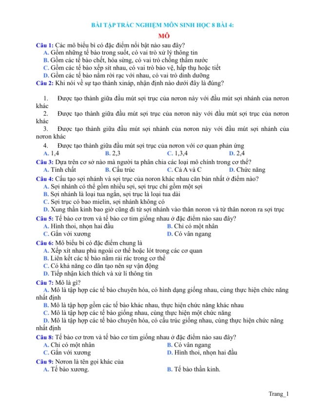 Trắc Nghiệm Sinh 8 Bài 4: Mô - Thumbnail