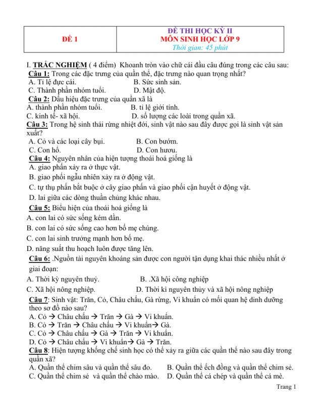 10 Đề Thi HK2 Môn Sinh 9 - Thumbnail