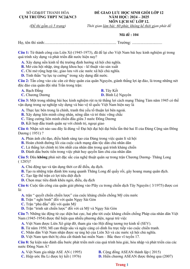 Đề Giao Lưu HSG Lịch Sử 12 Cụm Trường Tỉnh Thanh Hóa 2024 - 2025 - Thumbnail