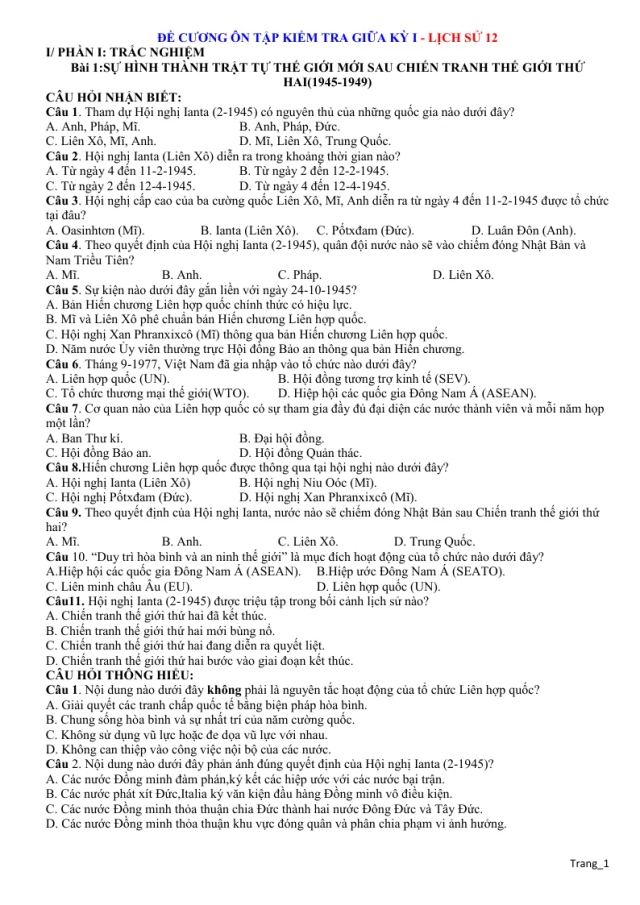 Đề Cương Ôn Tập Lịch Sử 12 Giữa Học Kỳ 1 Theo Từng Mức Độ - Thumbnail