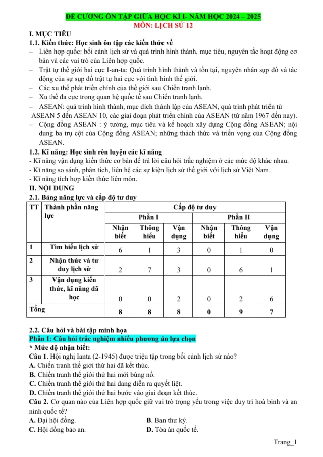 Đề Cương Ôn Tập Giữa Học Kỳ 1 Lịch Sử 12 2024 - 2025 - Thumbnail