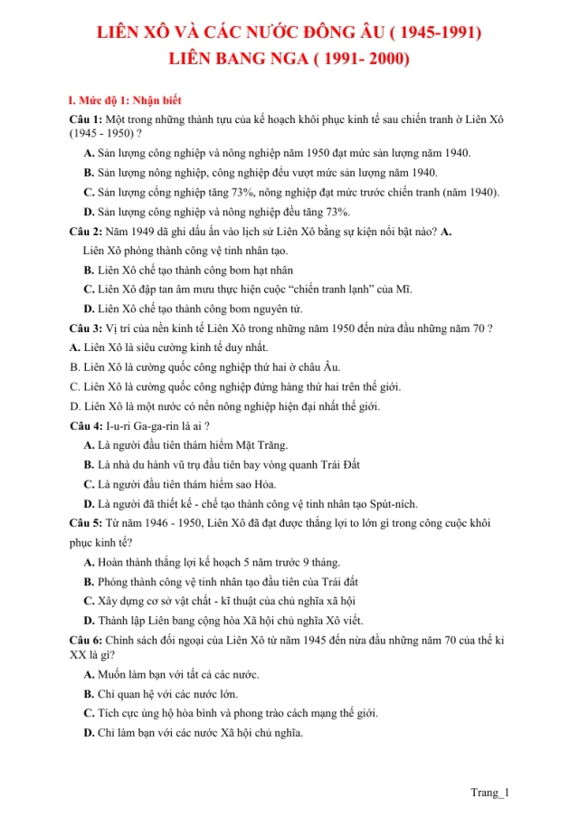 55 Câu Trắc Nghiệm Liên Xô Và Các Nước Đông Âu (1945 - 1991) - Liên Bang Nga (1991 - 2000) - Thumbnail