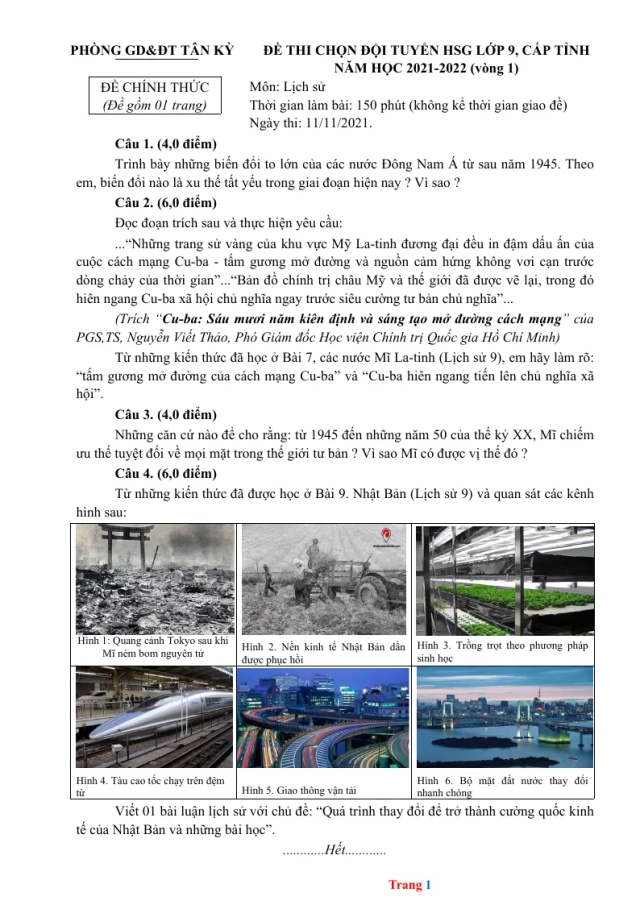 Đề Thi HSG Lịch Sử 9 Phòng GD&ĐT Tân Kỳ 2021 - 2022 (Vòng 1) - Thumbnail