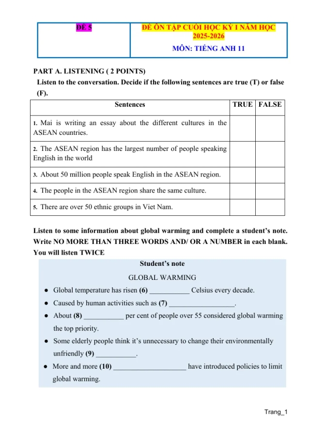 Đề Ôn Tập HK 1 Tiếng Anh 11 2025 - 2026 Có Đáp Án File Nghe - Đề 5 - Thumbnail