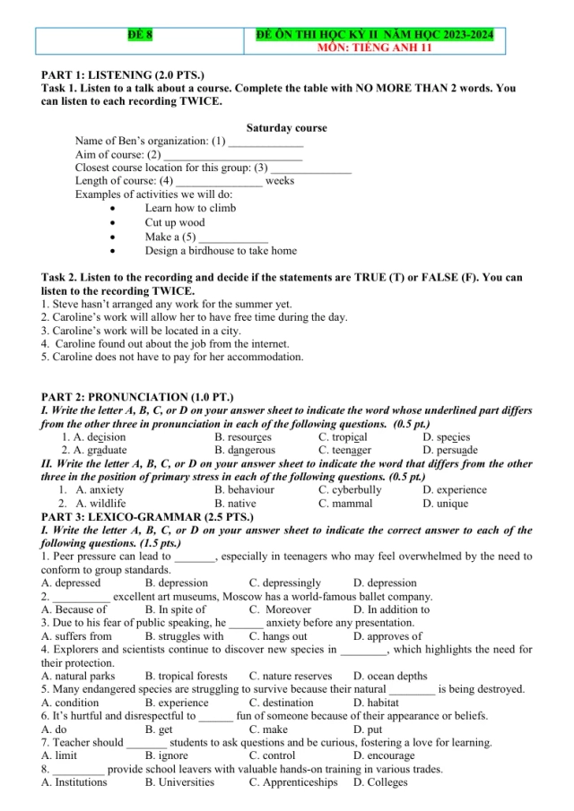 Đề Thi HK 2 Anh 11 Có File Nghe - Đề 8 - Thumbnail