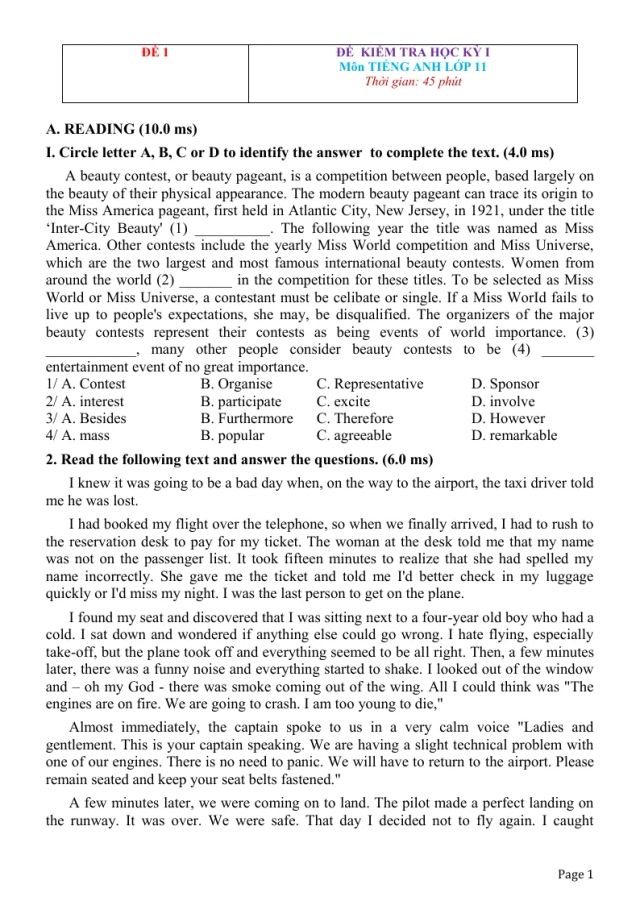 Bộ Đề Thi Học Kỳ 1 Tiếng Anh 11 - Thumbnail