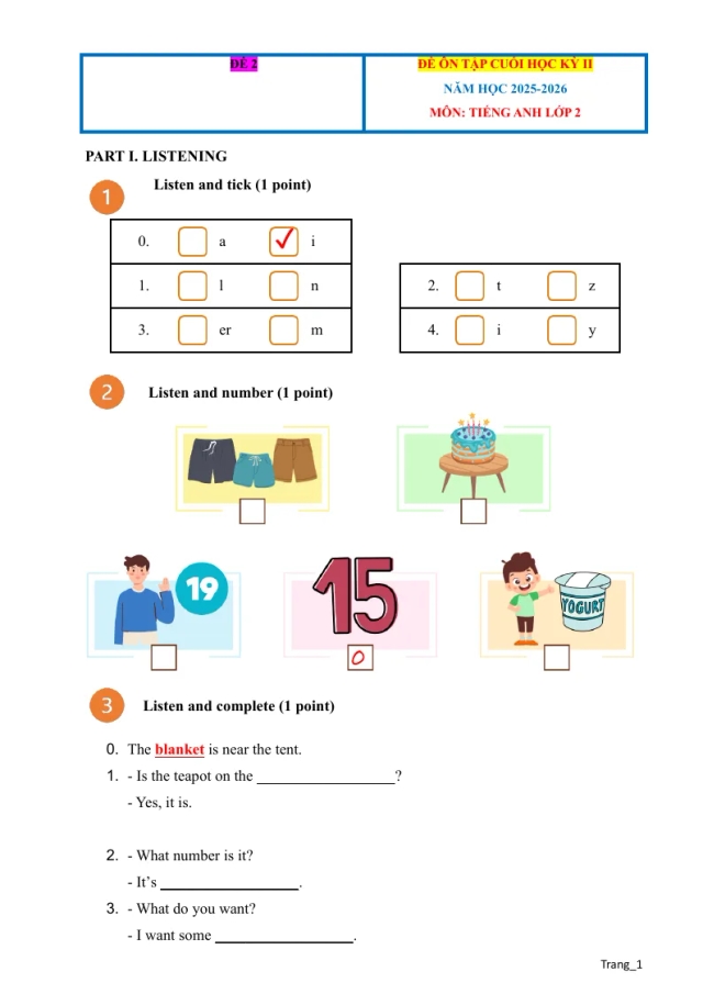 Đề Ôn Tập Kỳ 2 Tiếng Anh 2 Có Đáp Án File Nghe - Đề 2 - Thumbnail