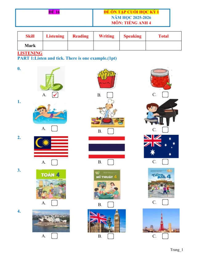Đề Ôn Tập HK1 Tiếng Anh 4 Global 2025 - 2026 Có Đáp Án Và File Nghe - Đề 16 - Thumbnail