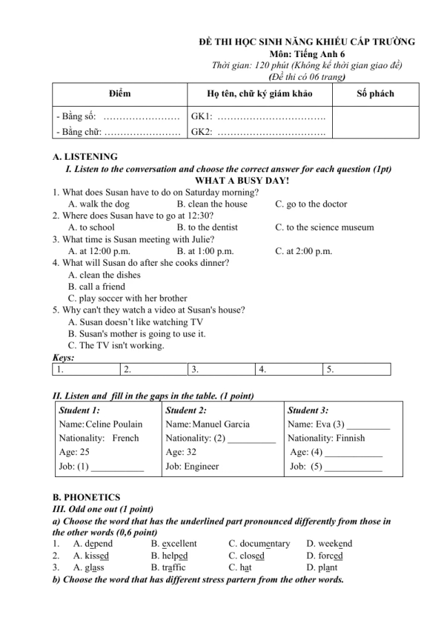 Đề Thi Năng Khiếu Cấp Trường Tiếng Anh 6 Có Đáp Án Và File Nghe - Đề 1 - Thumbnail