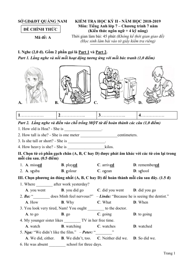 Đề Thi Học Kỳ 2 Tiếng Anh 7 (4 Kỹ Năng) Quảng Nam 2018 - 2019 - Thumbnail