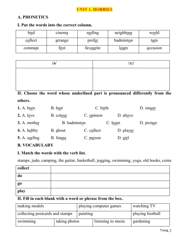 Bài Tập Thực Hành Tiếng Anh 7 Unit 1 Hobbies - Thumbnail