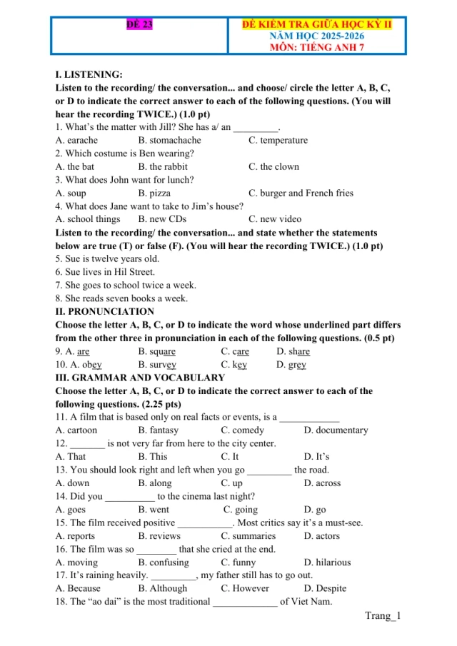 Đề Kiểm Tra Giữa Học Kỳ 2 Anh 7 2025 - 2026 File Nghe Đáp Án - Đề 23 - Thumbnail