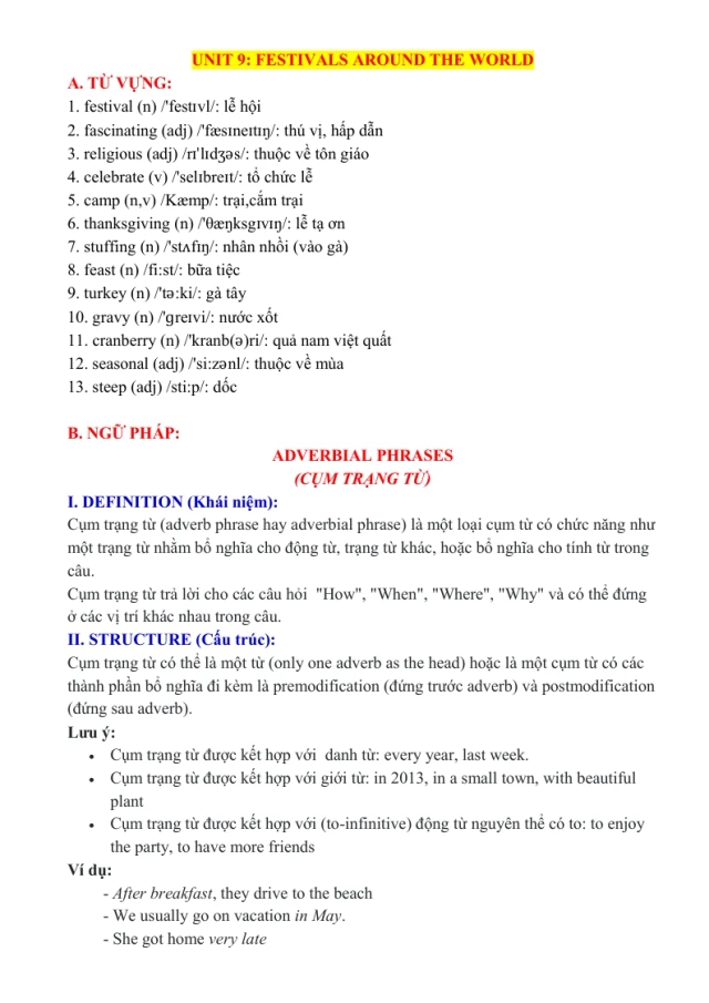 Bài Tập Thực Hành Chuyên Sâu Tiếng Anh 7 Unit 9: Festivals Around The World - Thumbnail