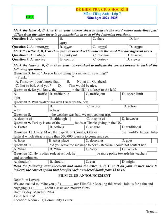 Bộ Đề Kiểm Tra Giữa Kỳ 2 Tiếng Anh 7 Form Mới 2025 - Thumbnail